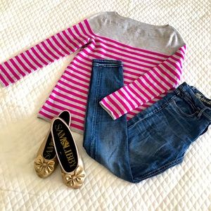 Gap Sweater Women’s M Boatneck Gray Pink Stripes Lightweight Long Sleeve Cotton